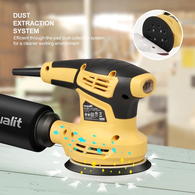 Inequalit Random Orbital Sander, 2.4Amp 5-Inch Corded Palm Sander, Max 13000 OPM Electric Drywall Sander with 6 Variable Speed, 15Pcs Sandpapers and Dust Bag for Woodworking Sanding Polishing - Image 4